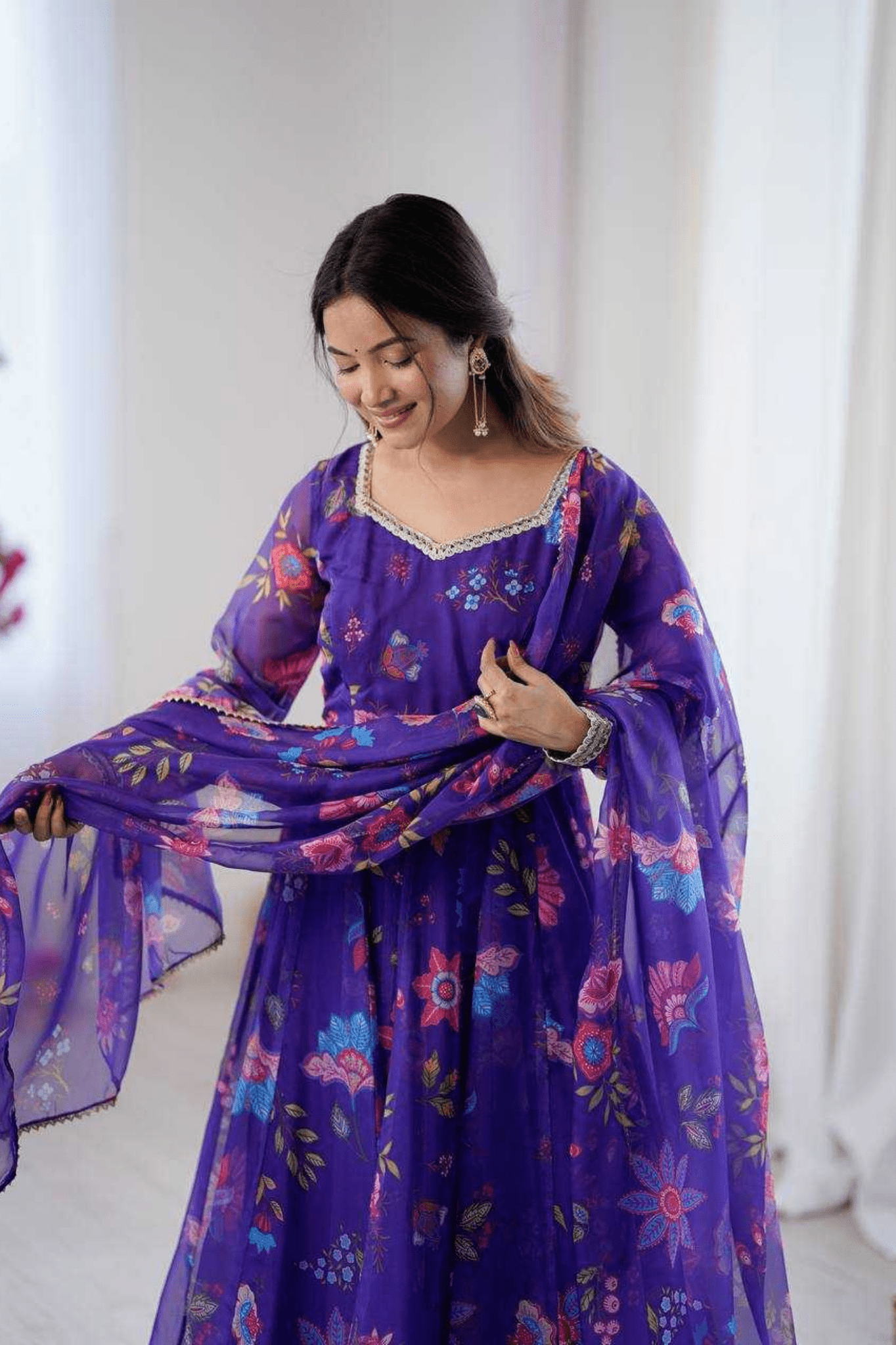 Royal Bloom Organza Floral Anarkali Gown Set - kavyo.in