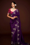 Purple Viscose Chinnon Saree with Heavy Embroidery & Contrast Blouse