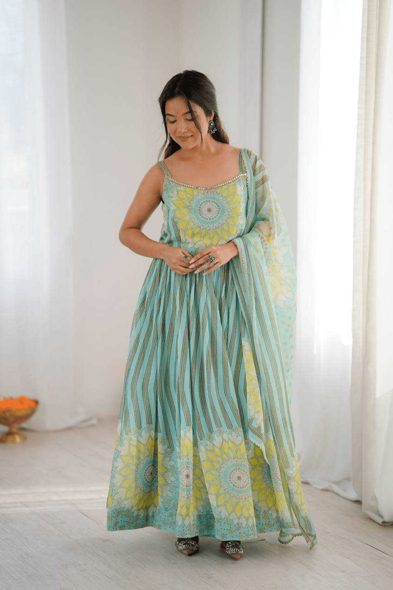 Aqua Blue Sunflower Lehriya Printed Fox Georgette Anarkali Suit Set - kavyo.in