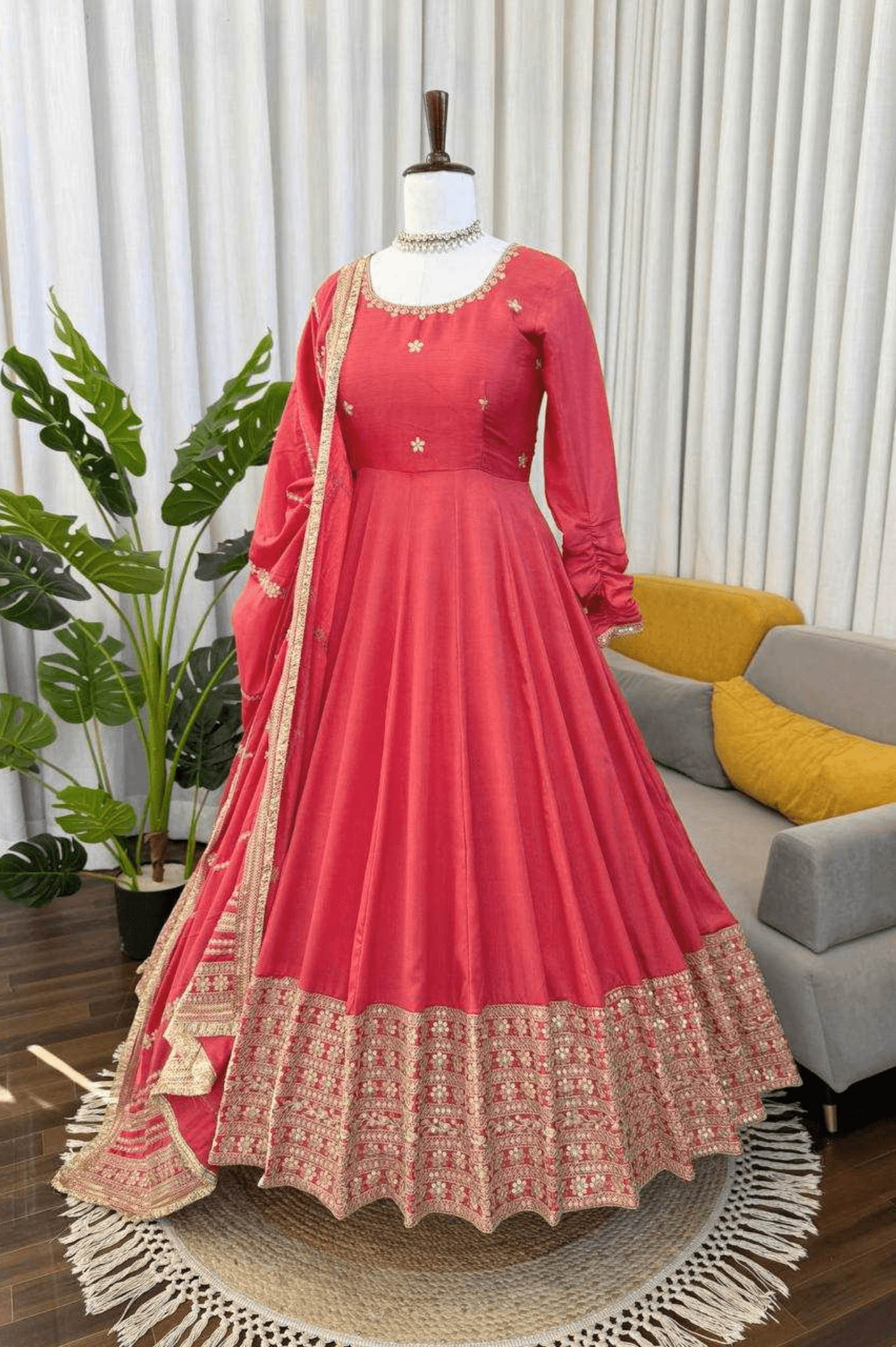 Peach Chinon Silk Anarkali Set with Pant & Lace Dupatta - kavyo.in