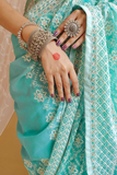 Aqua Blue Lucknowi Embroidered Georgette Saree with Silver Jari Detailing