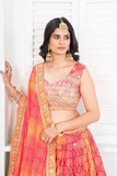 Chinon Silk Ombre Orange & Red Embroidered Lehenga Choli with Dupatta