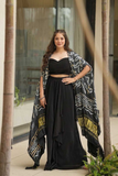 Stylish Black Georgette Indo-Western Set with Drape Skirt & Shrug