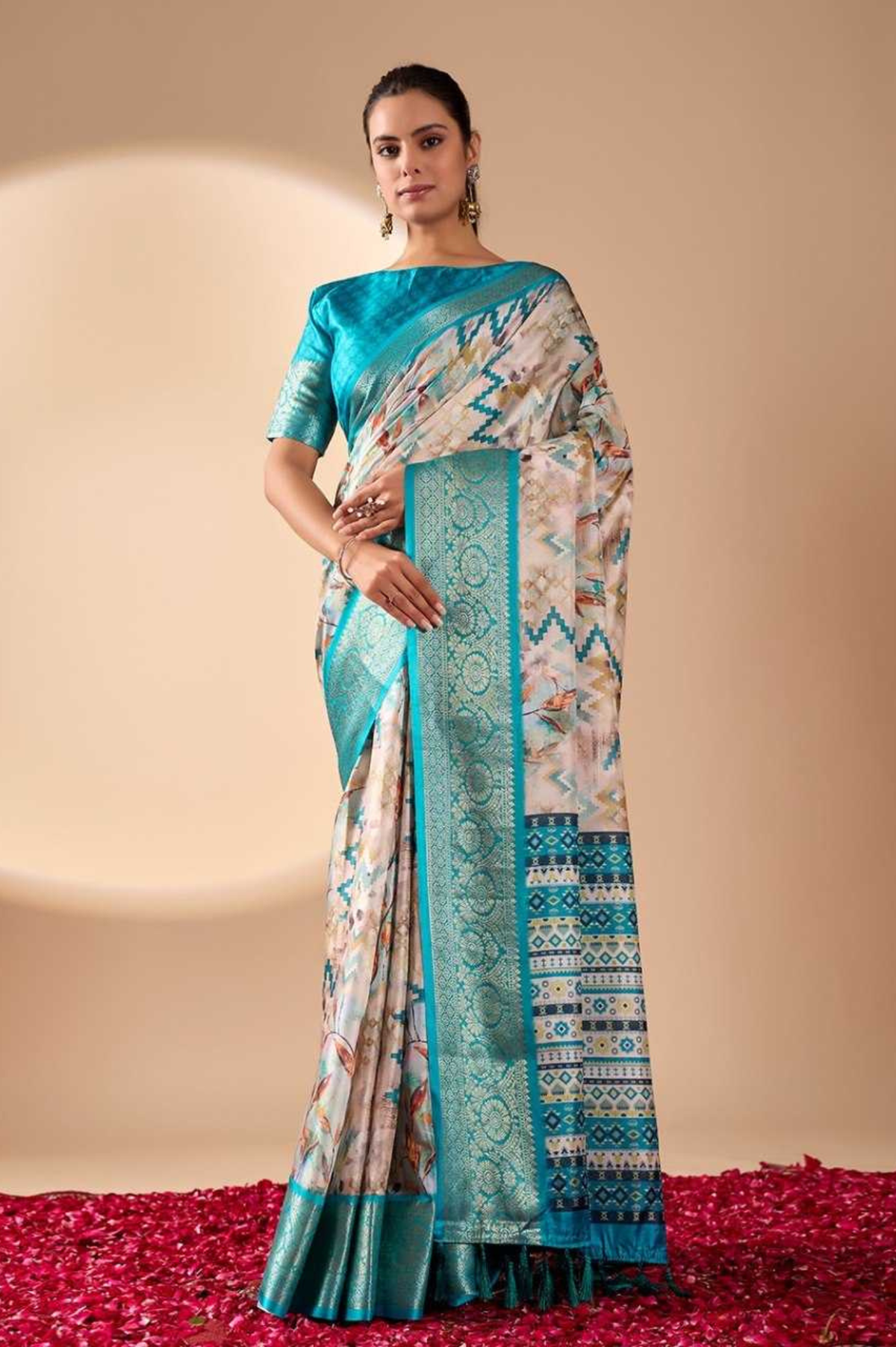 Aqua Blossom Soft Lichi Silk Saree