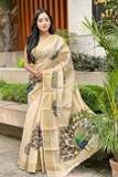 Soft Gold Banarasi Tissue Saree with Peacock Print & Intricate Zari Work