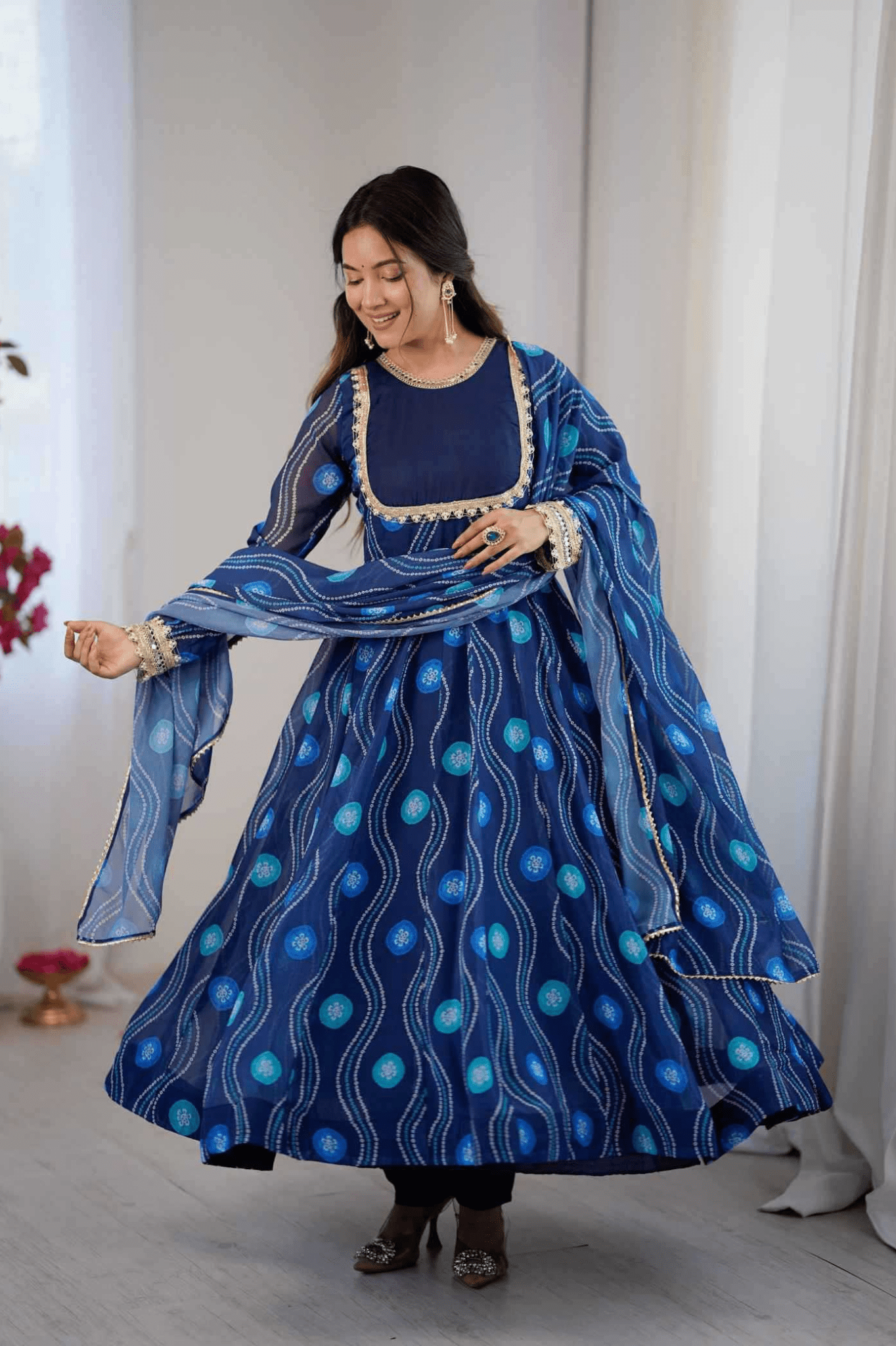 Royal Blue Bandhani Print Fox Georgette Anarkali Gown Set with Dupatta & Pant - kavyo.in