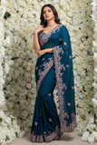 Premium Rangoli Silk Heavy Embroidered Saree – Teal Blue