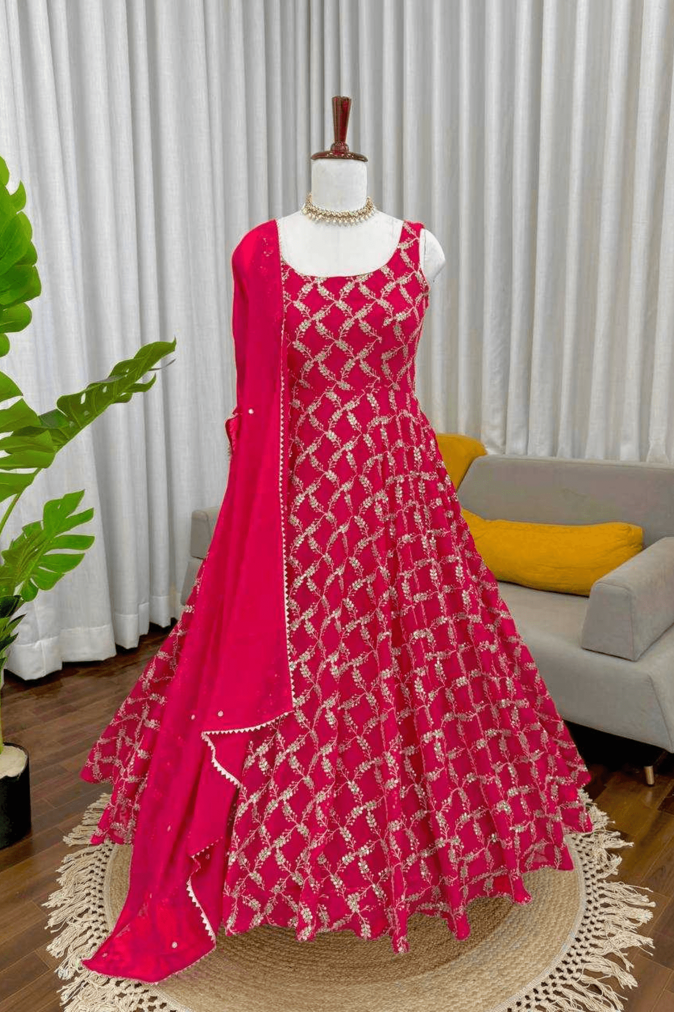 Ruby Red Faux Georgette Anarkali Set with Sharara & Lace Dupatta - kavyo.in