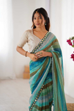 Sky Blue Heavy Smooth Marble Chiffon Leriya Print Saree with Zari Work & Mirror Border