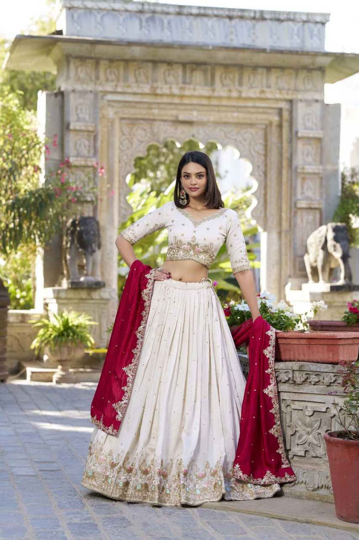 Ivory & Maroon Vichitra Silk Lehenga with Heavy Embroidery