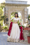 Ivory & Maroon Vichitra Silk Lehenga with Heavy Embroidery