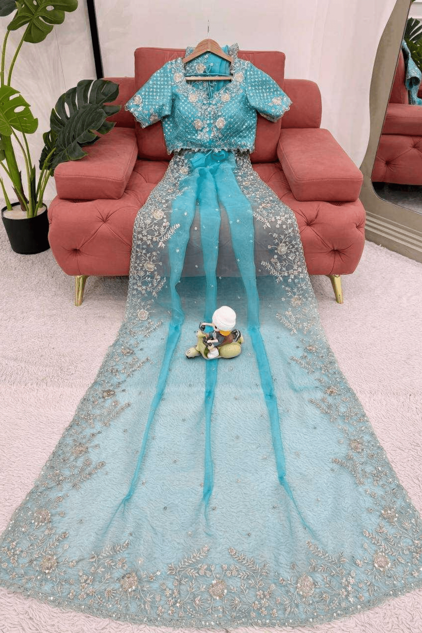 Azure Blue Heavy Organza Silk Saree - kavyo.in