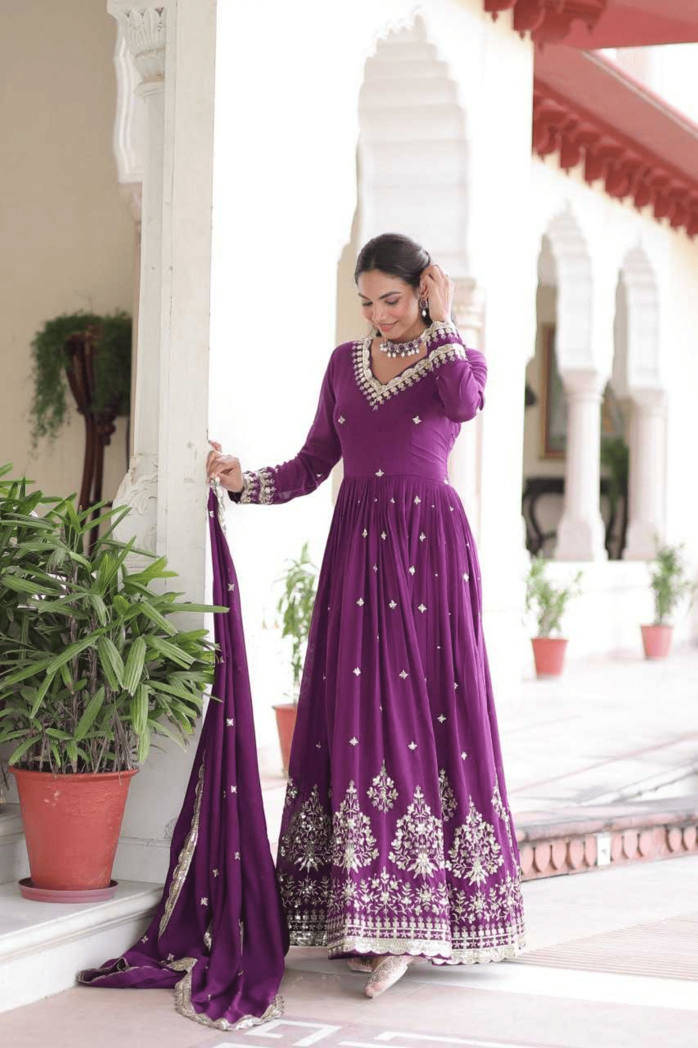 Purple Royal Vichitra Silk Anarkali Gown Set - kavyo.in