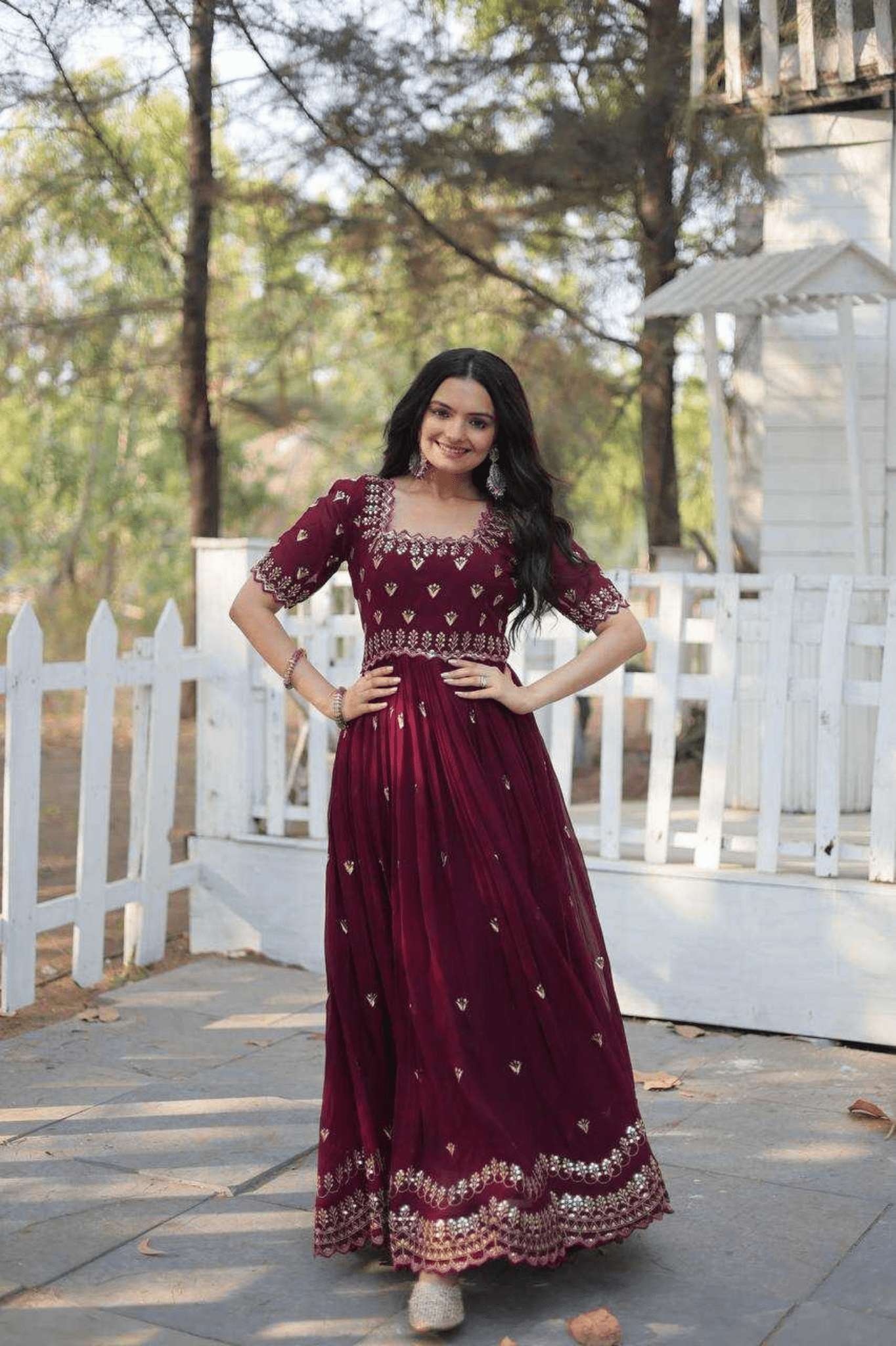 Wine Georgette Blooming Anarkali Gown with Zari & Sequins - kavyo.in