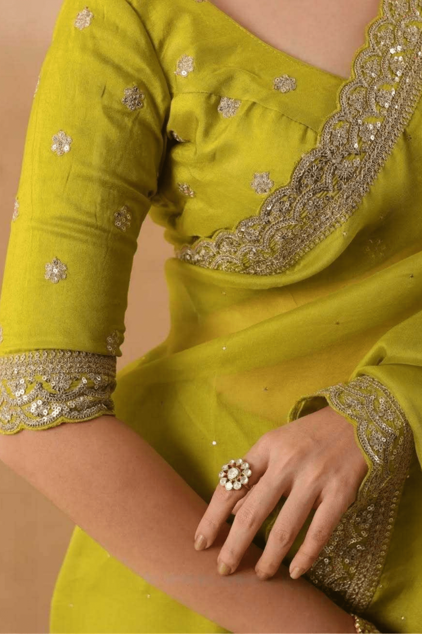 Lime Aura Soft Zimmy Chu Silk Embroidered Saree with Designer Blouse - kavyo.in