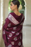 Wine Paisley Banarasi Soft Silk Silver Zari Woven Saree