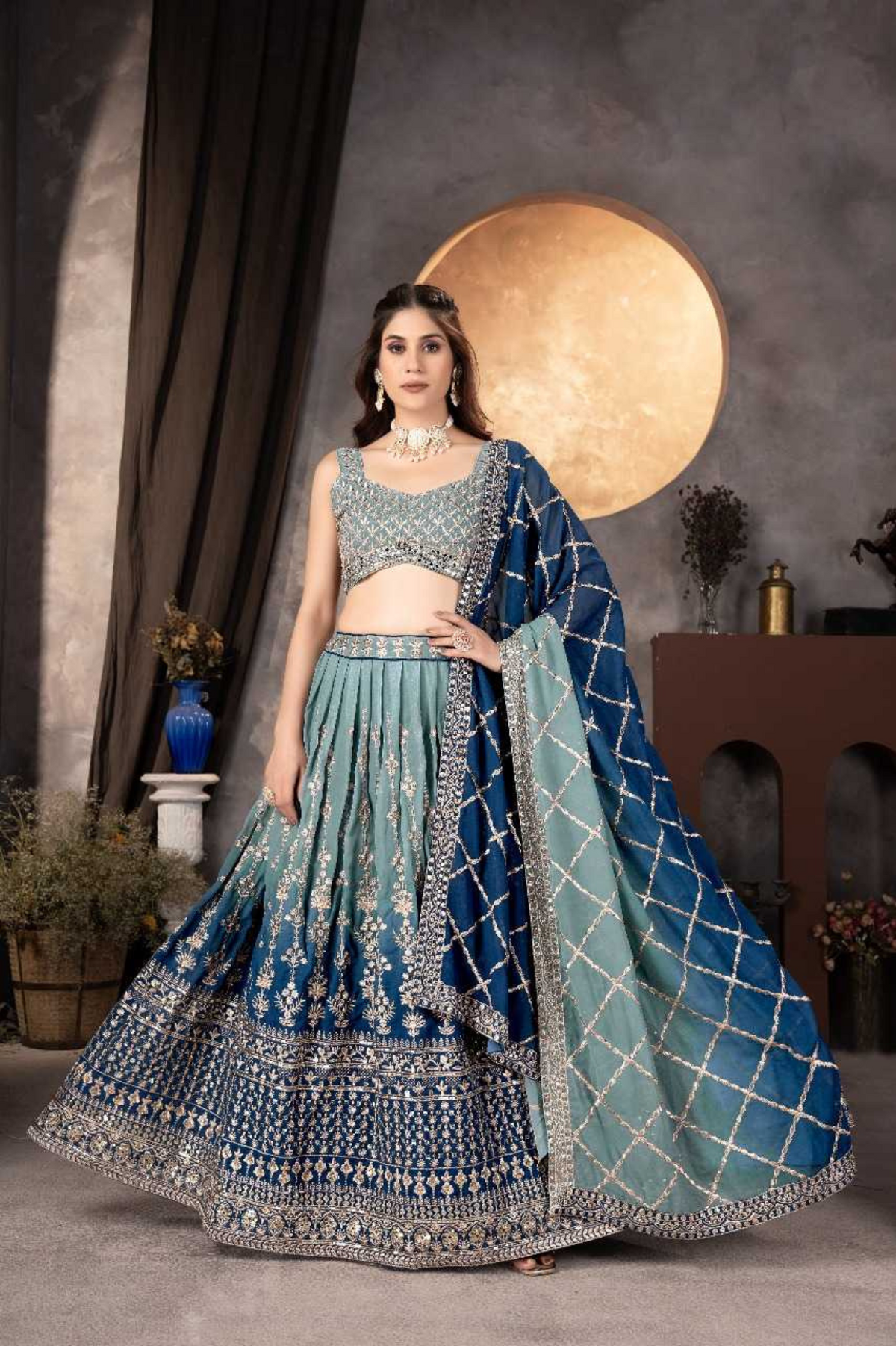 Teal Blue & Navy Georgette Embroidered Lehenga Choli with Dupatta