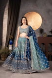 Teal Blue & Navy Georgette Embroidered Lehenga Choli with Dupatta