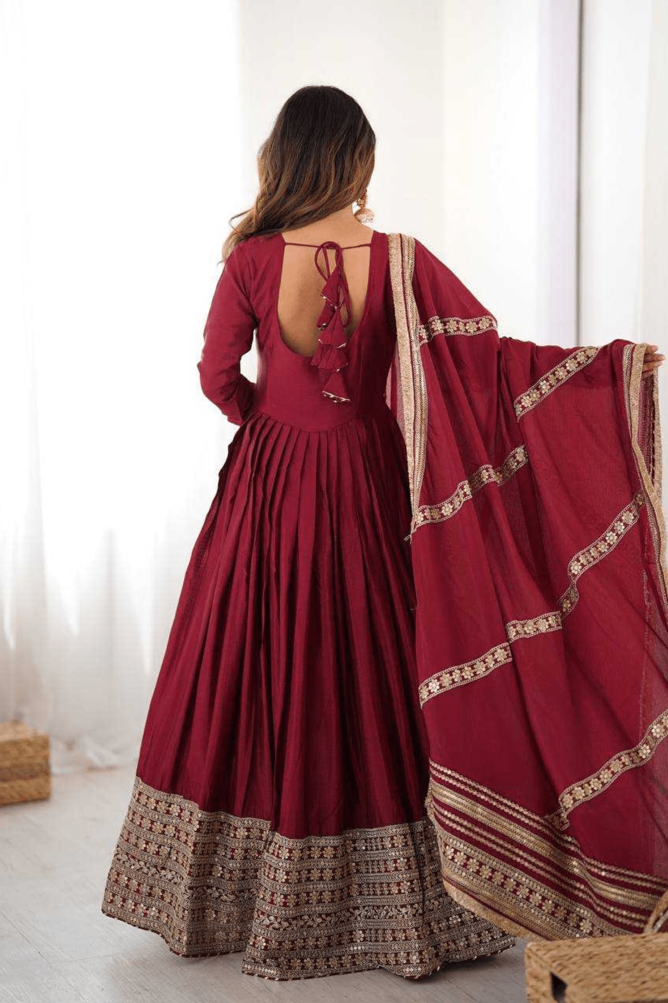 Maroon Chinon Silk Embroidered Anarkali Gown Set with Dupatta - kavyo.in