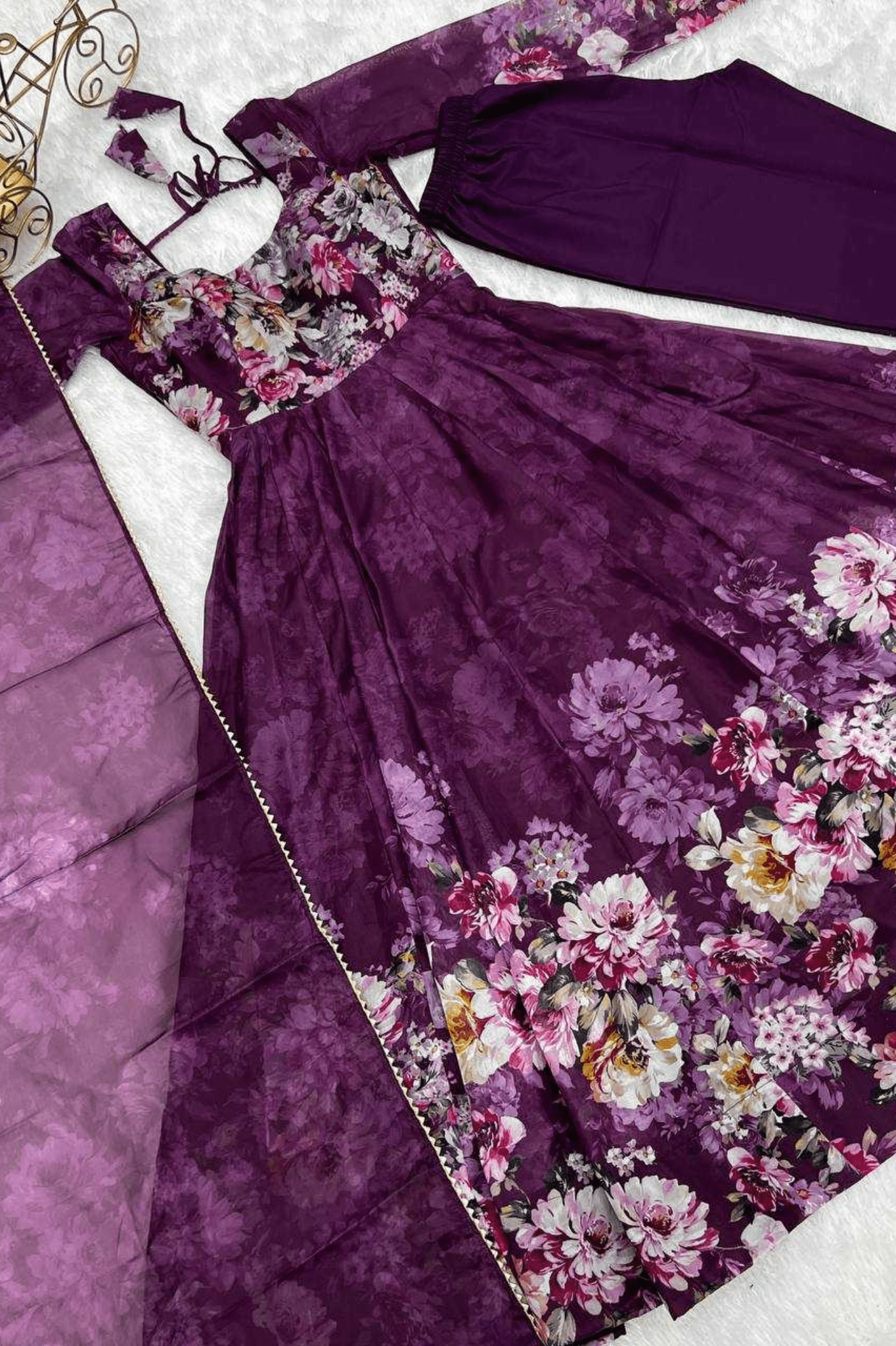 Royal Wine Floral Printed Organza Silk Anarkali Suit Set - kavyo.in