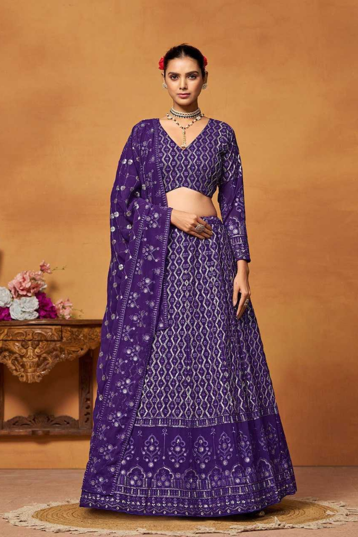 Purple Faux Georgette Embroidered Lehenga Set