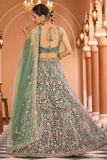 Lime Green Net Sequins & Thread Embroidered Bridal Lehenga Set