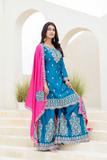 Teal Blue Chinon Silk Kurti Set with Pink Dupatta