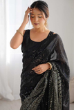 Black Heavy Chinnon Saree with Mirror Lace and Print Detailing