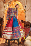 Royal Blue & Red Muslin Cotton Digital Print Lehenga with Mirror & Lace Work