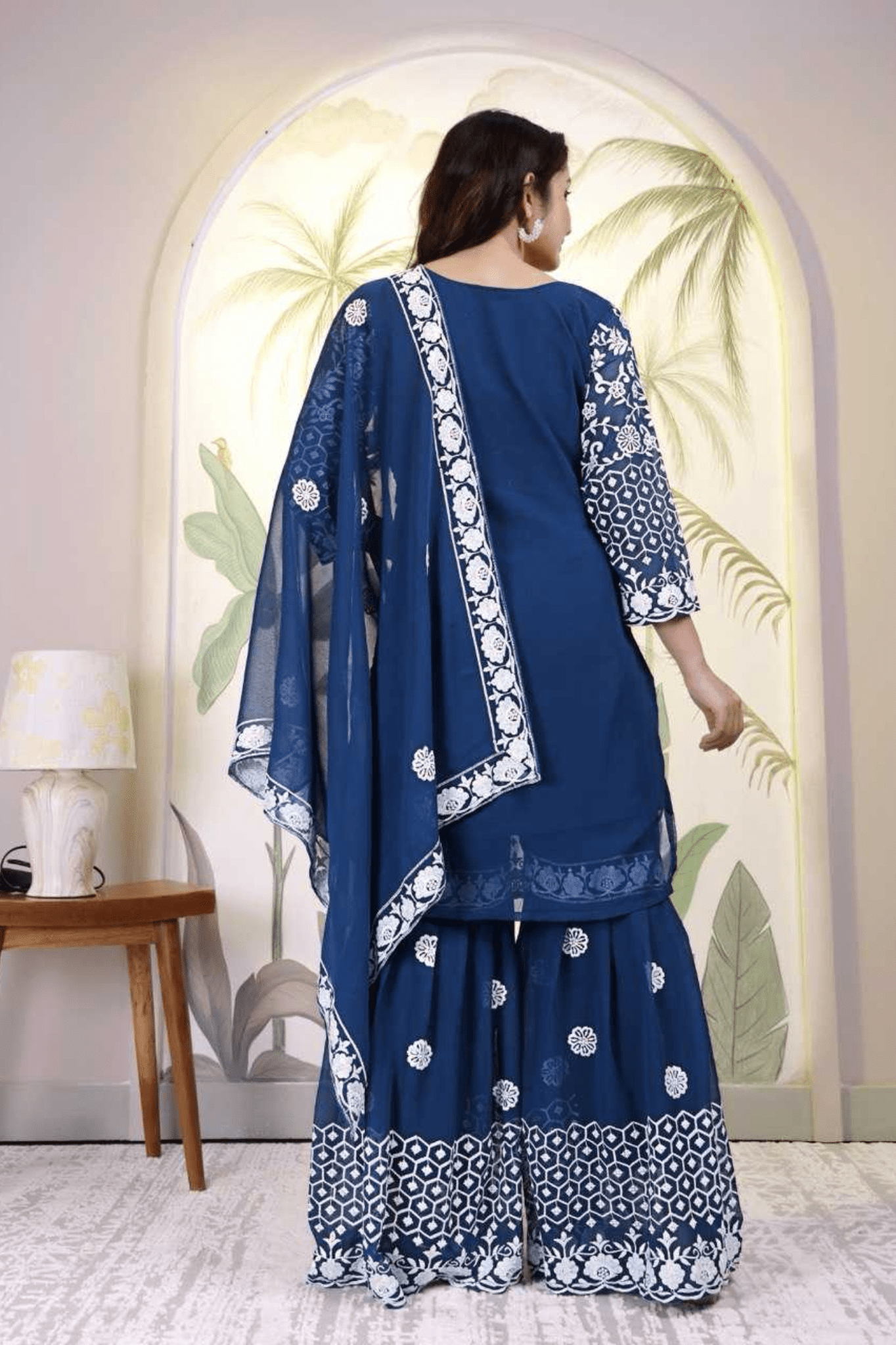 Navy Blue Faux Georgette Embroidered Palazzo Suit with Dupatta - kavyo.in