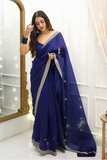Navy Blue Heavy Organza Silk Saree with Sequins & Diamond Work