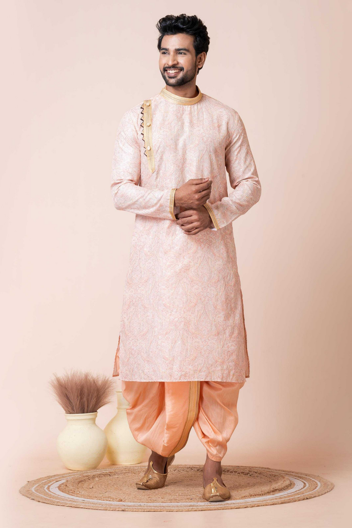 Peach Mono Cotton-Poly Kurta with Dhoti Pajama Set for Men