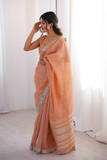 Pure Spun Cotton Peach Saree with Real Mirror Work & Jari Embroidery