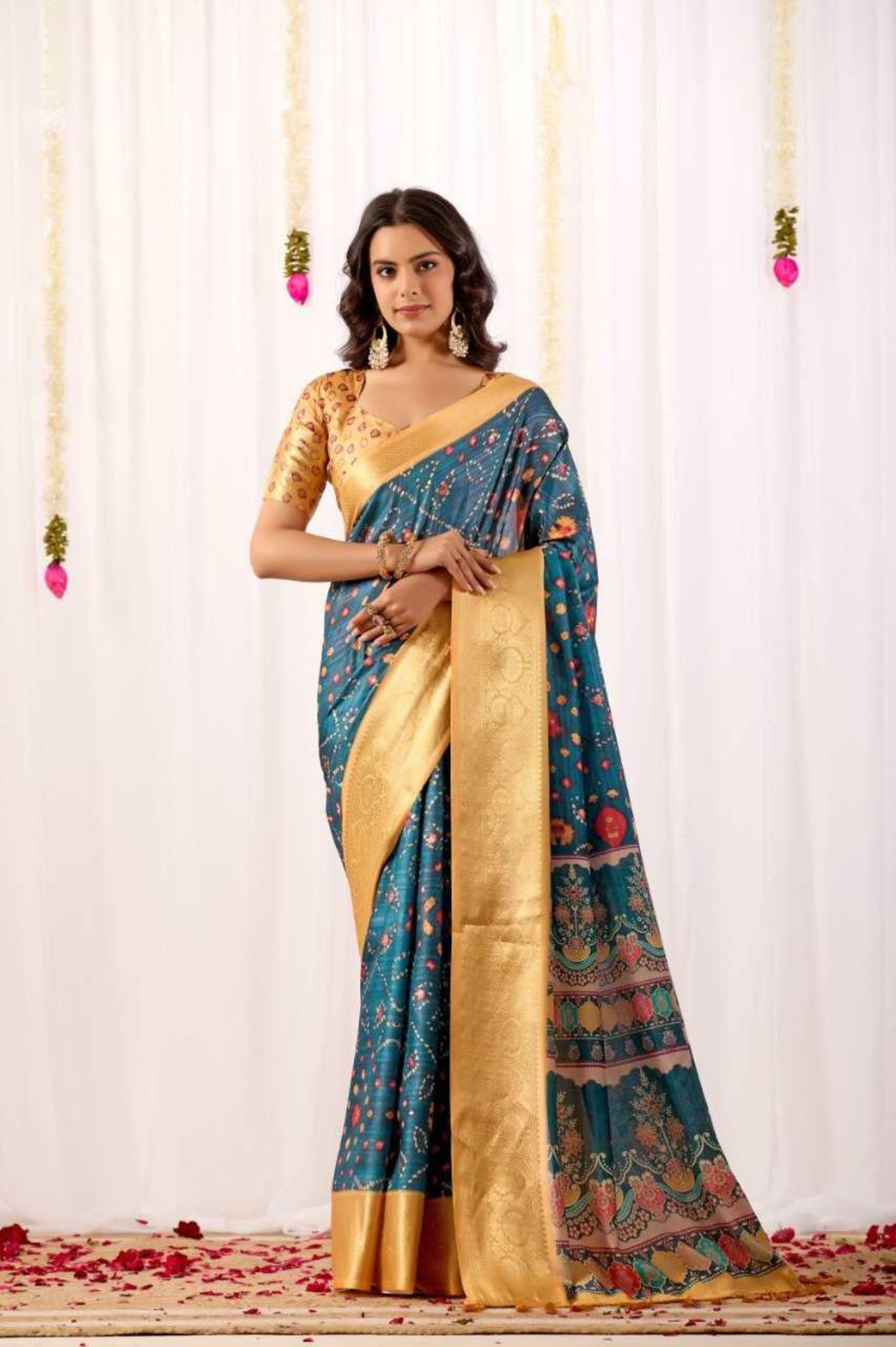 Soft Lichi Silk Saree with Tribal Art Print & Luxurious Gold Zari Border