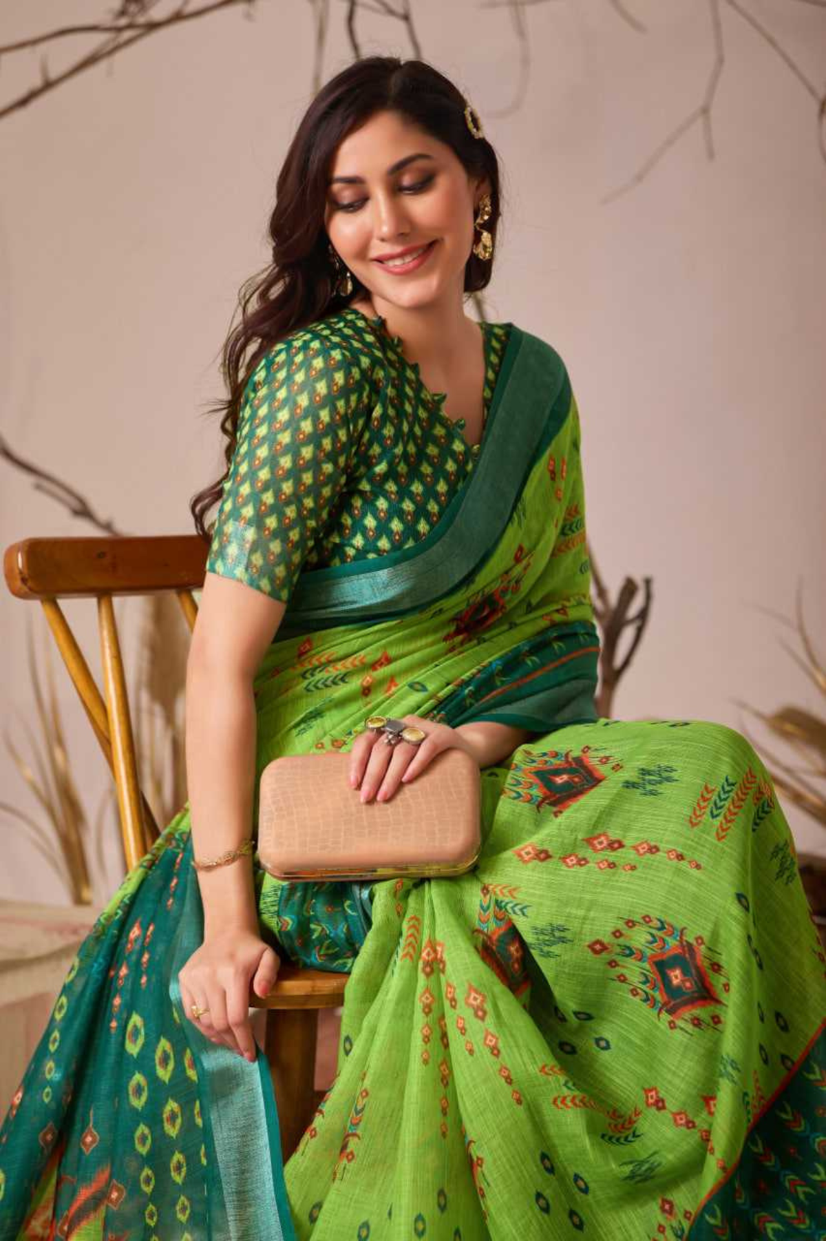 Premium Linen Cotton Green Saree with Digital Patola & Ikat Print