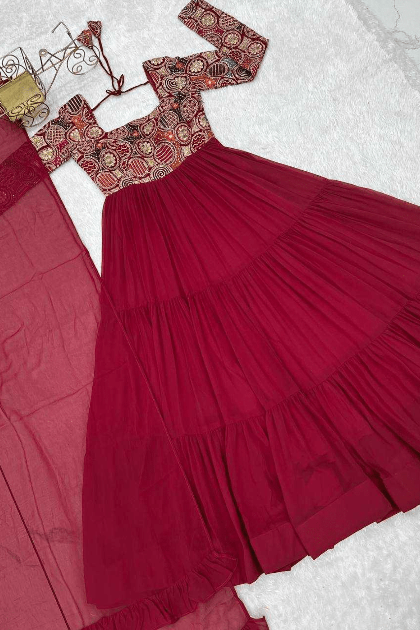 Regal Maroon Fox Georgette Heavy Flare Anarkali Gown Set - kavyo.in