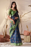 Navy Bloom Premium Linen Cotton Printed Saree