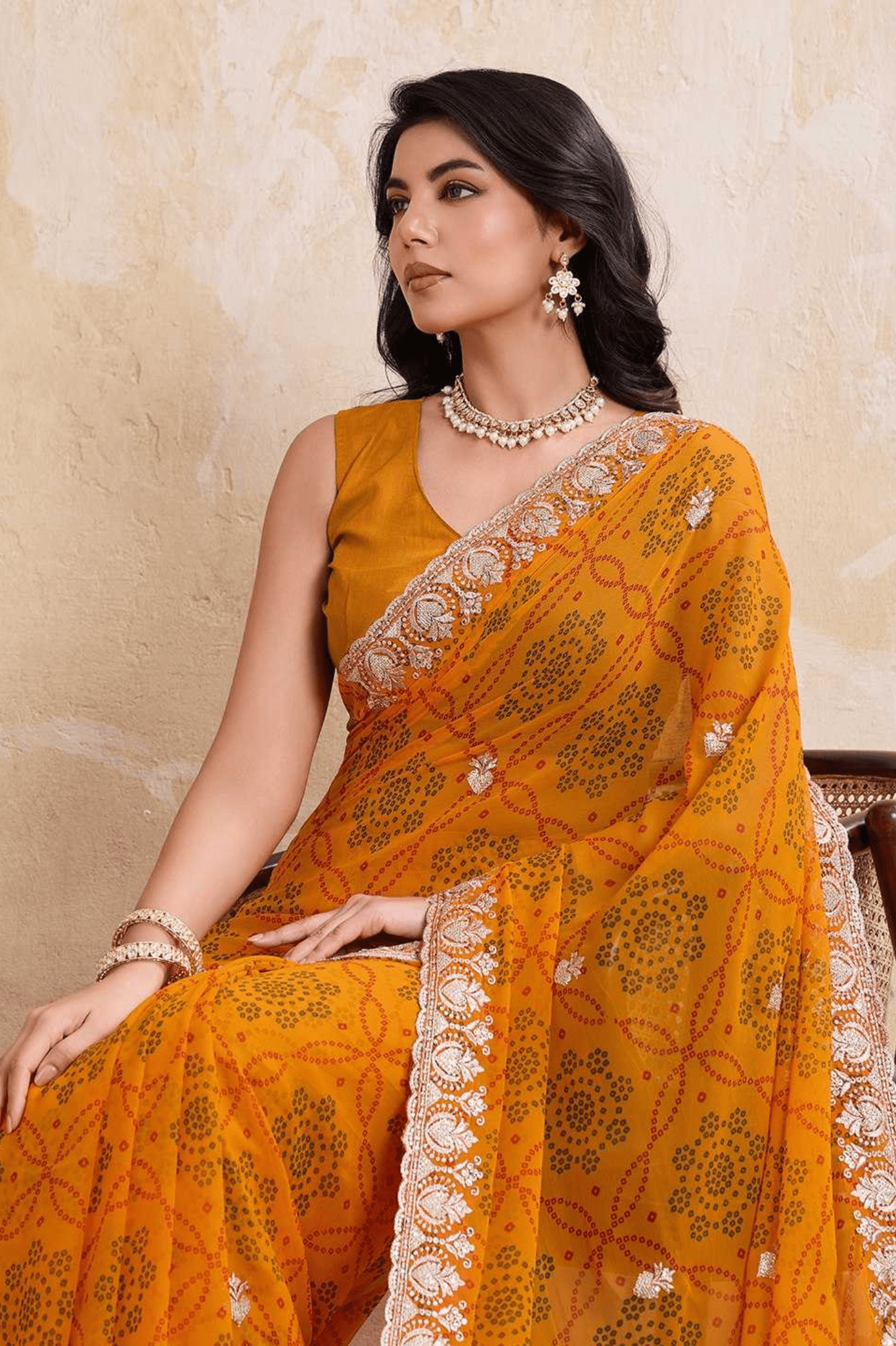 Royal Bandhej Soft Georgette Wedding Saree with Heavy Cutwork Border - kavyo.in