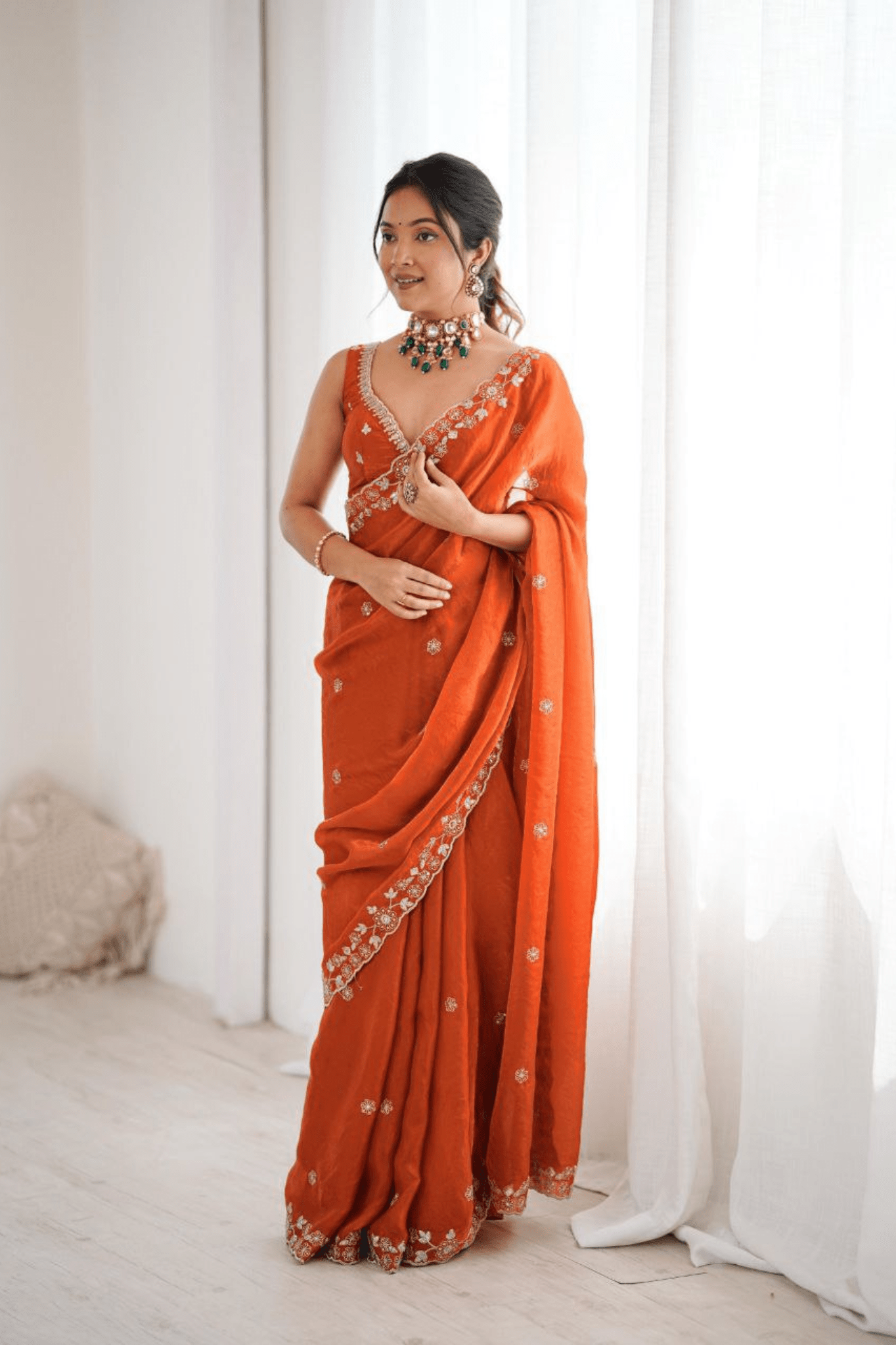 Rust Orange Heavy Fendy Silk Designer Saree with Thread & Sequin Embroidery - kavyo.in