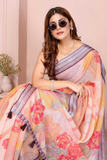 Peach Linen Cotton Floral Printed Saree with Striped Border & Tassels