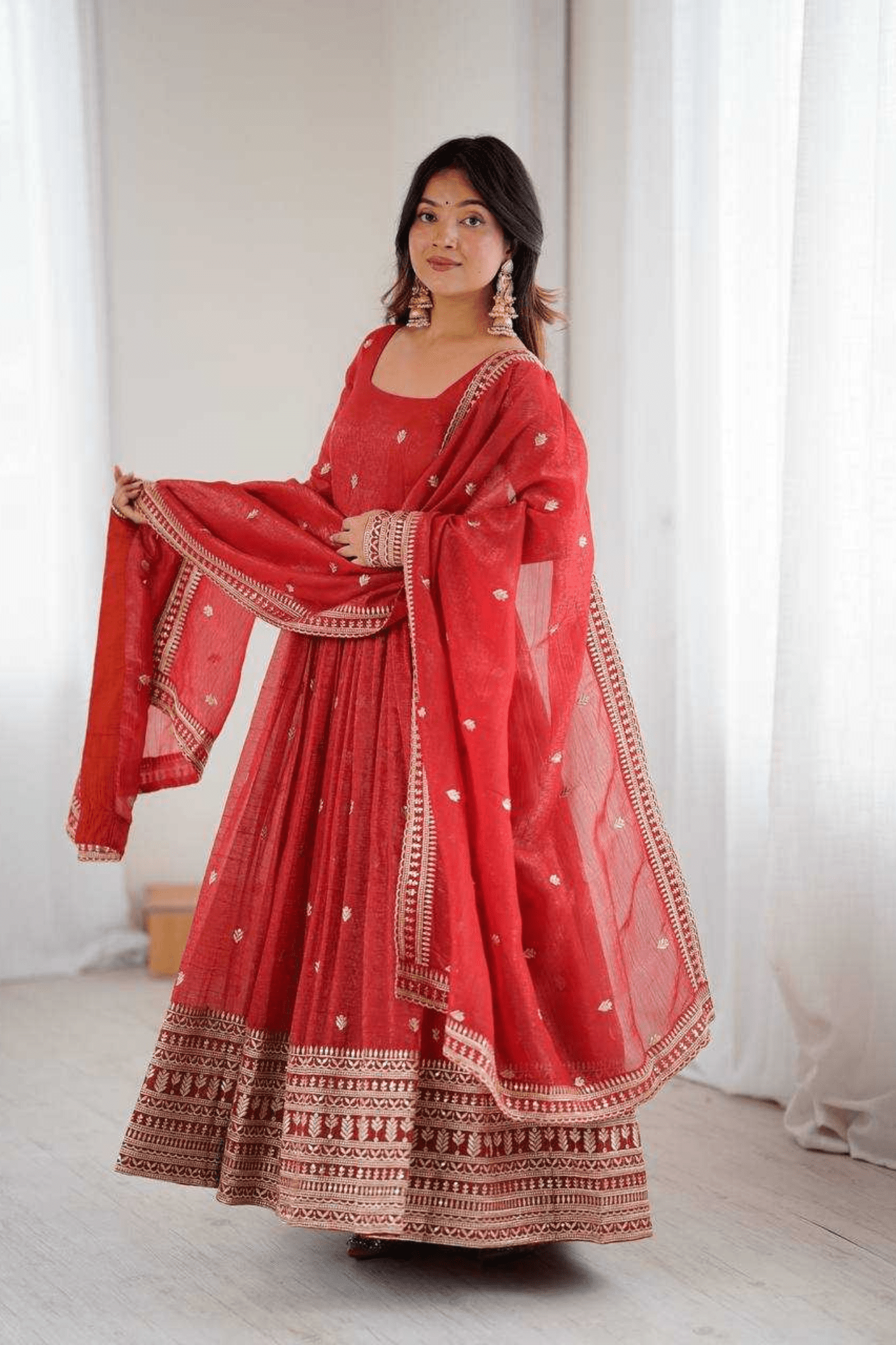 Crimson Heritage Crunchy Silk Anarkali Gown Set with Dupatta - kavyo.in