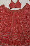 Red Malai Satin Sequins & Dori Embroidered Bridal Lehenga Set