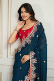 Navy Blue Soft Star Georgette Embroidered Saree with Contrast Banglory Silk Blouse