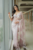 Blush Pink Satin Organza Saree with Sequin & Threadwork Embroidery