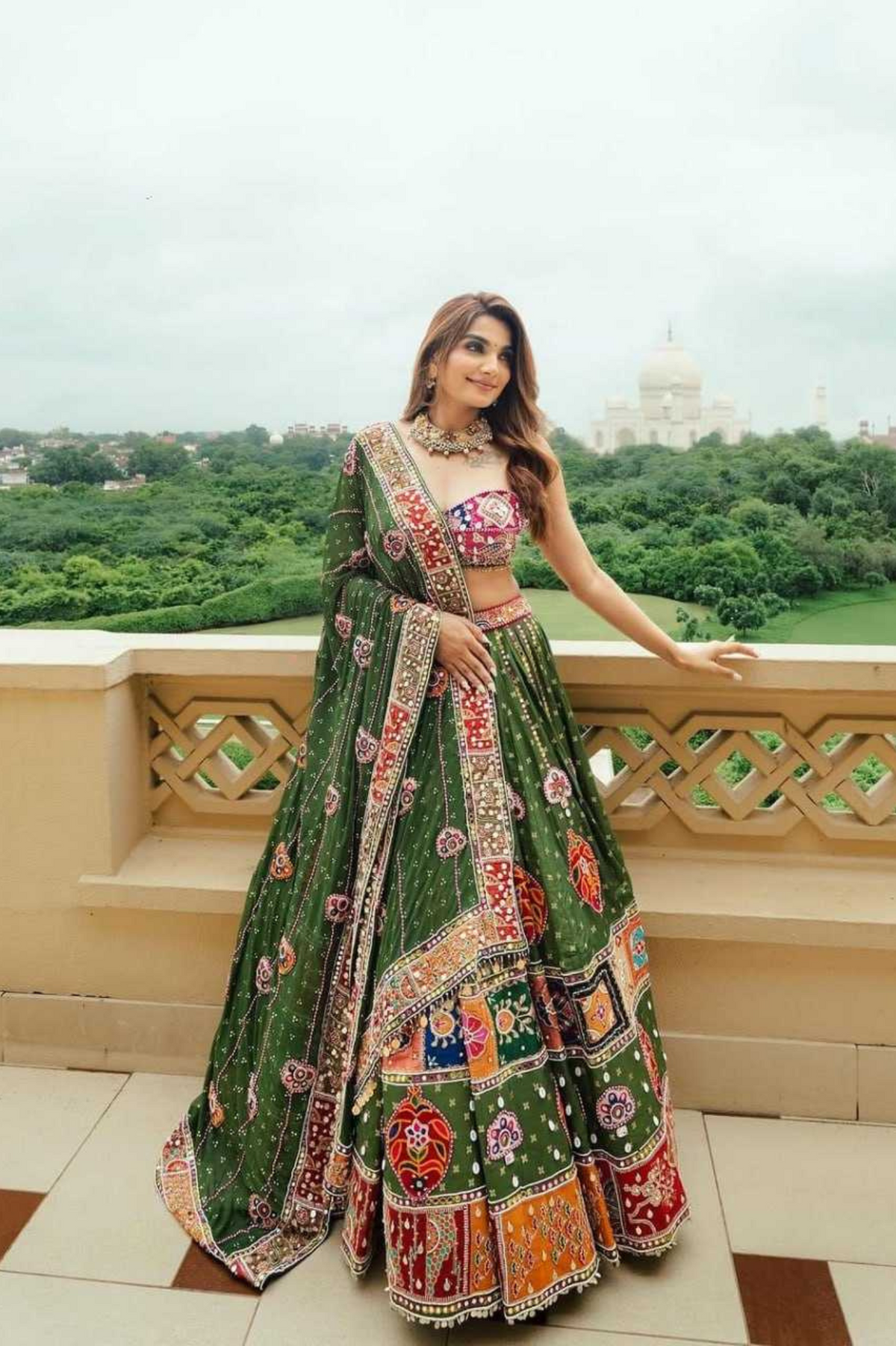 Green Muslin Cotton Mirror Work Navratri Lehenga Choli