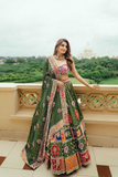 Green Muslin Cotton Mirror Work Navratri Lehenga Choli