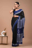Elegant Black & Blue Linen Saree with Digital Print
