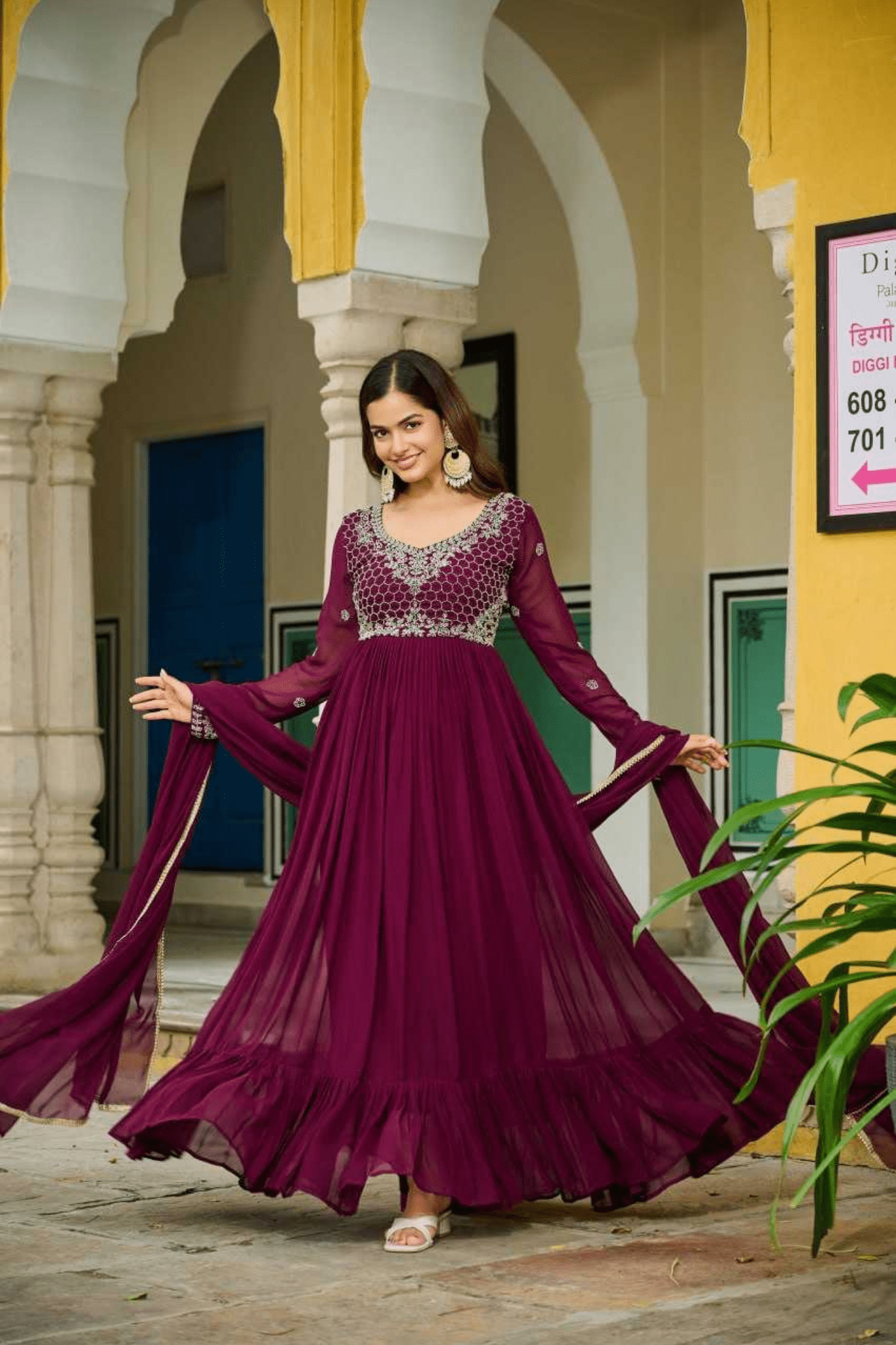 Wine Grace Faux Blooming Anarkali Gown with Designer Dupatta - kavyo.in