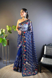 Dark Blue Heavy Butterfly Net Saree with Multicolor Embroidery & Foil Thread Work