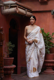 Premium White Georgette Saree with Golden Zari Embroidery & Sequin Detailing